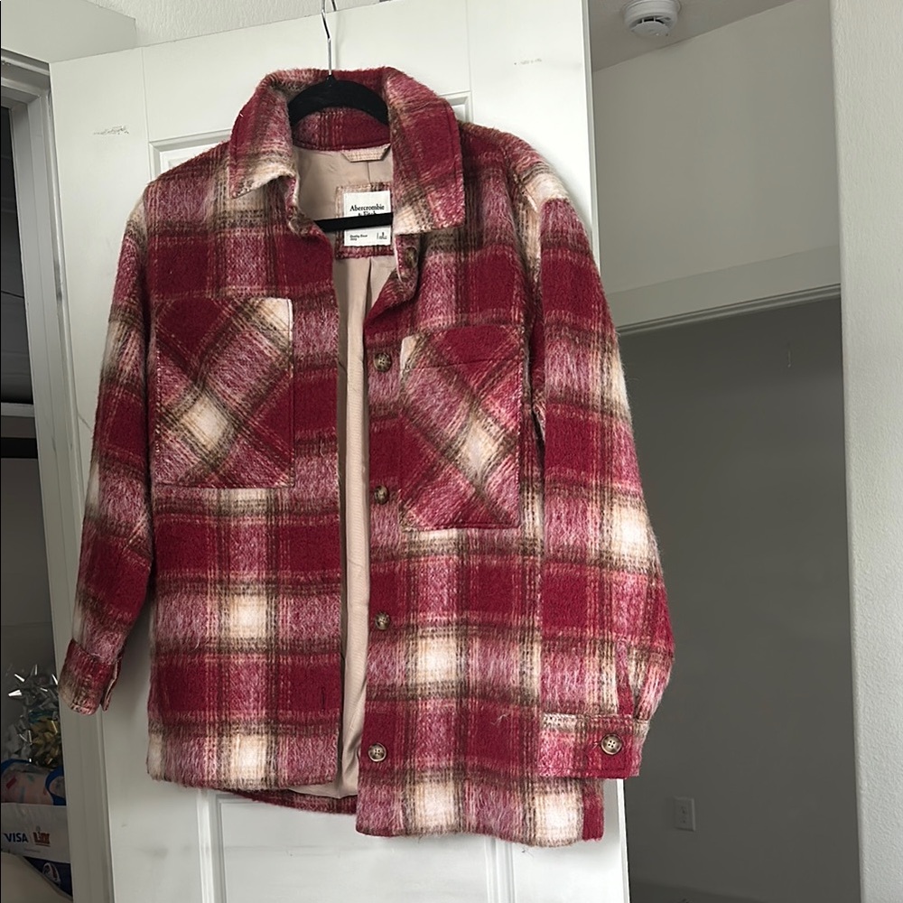 Abercrombie & Fitch Red Plaid Pea Coat